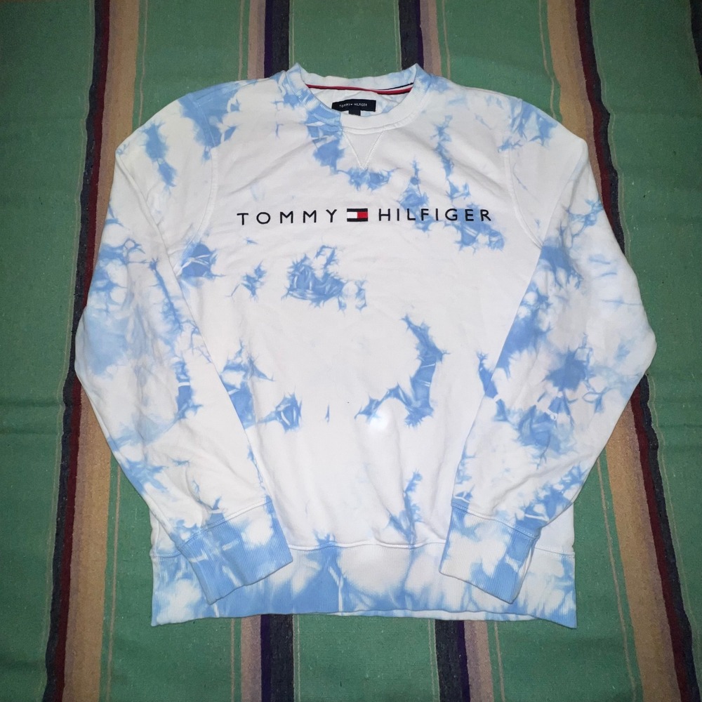 Tommy Hilfiger Sweatshirt Mens Medium Blue White Tie Dye Logo Crewneck 78E8644